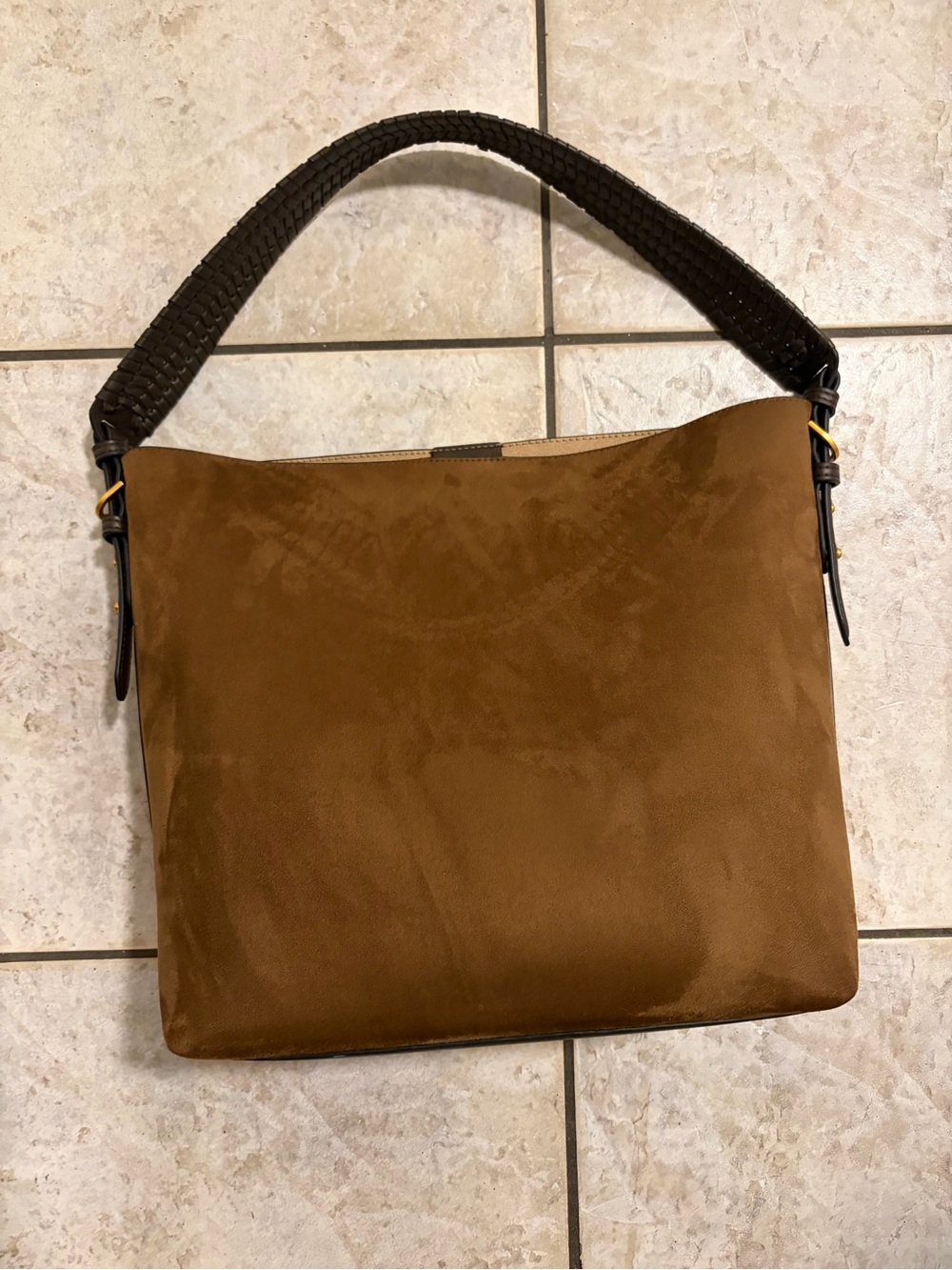Zara Brown Suede Shoulder Bag with Dark Brown Leather Trim